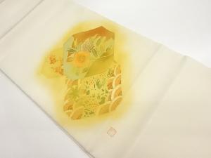 作家物　塩瀬金彩八角形に梅・波・草花模様刺繍開き名古屋帯（額縁仕立て）
